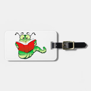 Green Bookworm with Glasses Reading a Red Book Luggage Tag