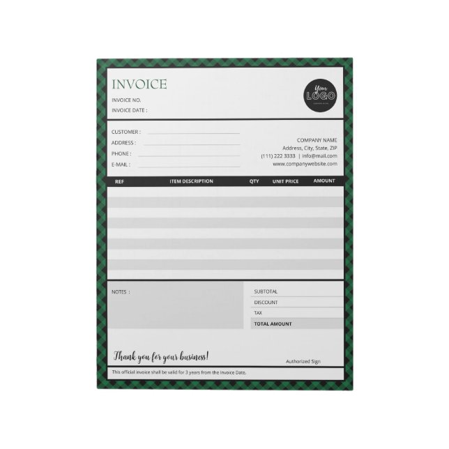 Green Border Minimalist Business Invoice Template Notepad (Rotated)