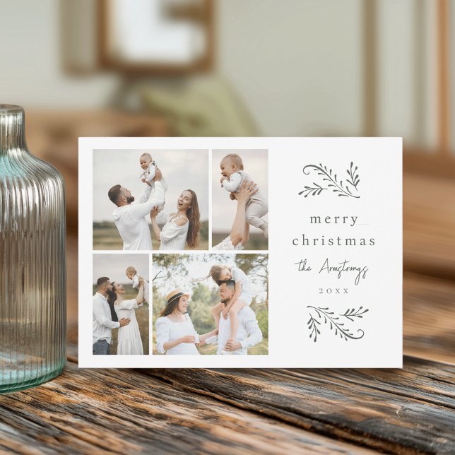 Green Botanical 4 Photo Collage Holiday Card (Creator Uploaded)