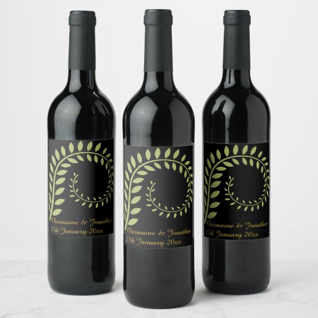 GREEN BOTANICAL BLACK CUSTOMIZABLE WINE LABEL (Bottles)