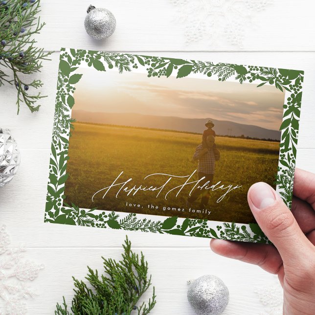 Green Botanical Christmas Frame Photo Happiest Holiday Card (Creator Uploaded)