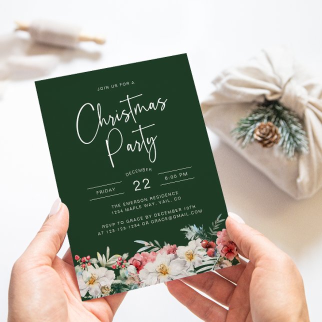 Green Botanical Christmas Party Invitation (Elegant Green Christmas Party Holiday Invitation Watercolor Berries Botanical Florals)