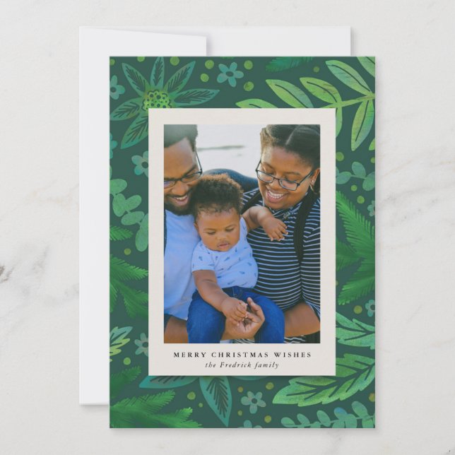 Green Botanical Christmas Photo Card (Front)