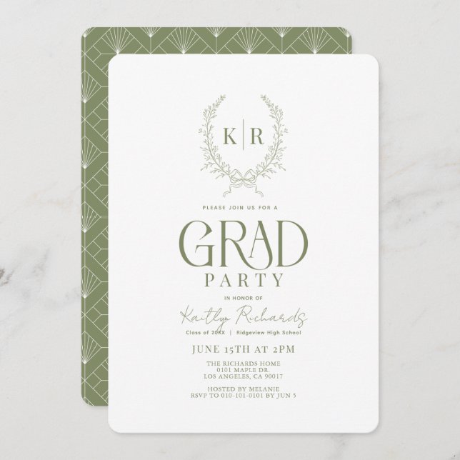 Green Botanical Crest Monogram Graduation Invitation (Front/Back)