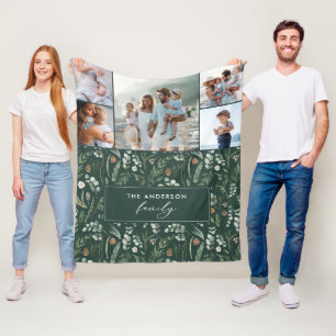 Green botanical elegant modern family 5 photo fleece blanket