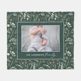 Green botanical elegant modern family photo fleece blanket