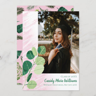 Green Botanical Elegant Pink Graduation Invitation