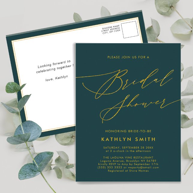 Green Botanical Elegant Script Bridal Shower Invitation Postcard (Creator Uploaded)
