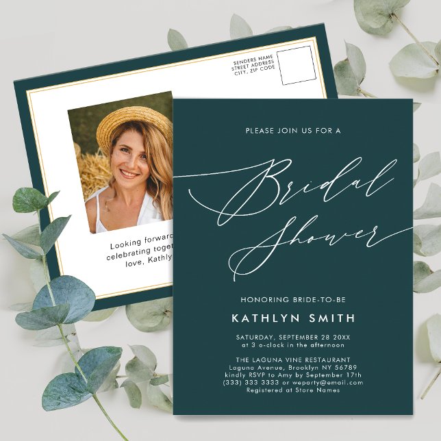 Green Botanical Elegant Script Bridal Shower Invitation Postcard (Creator Uploaded)