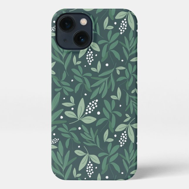 Green Botanical Fern Foliage & White Berry Pattern iPhone Case (Back)