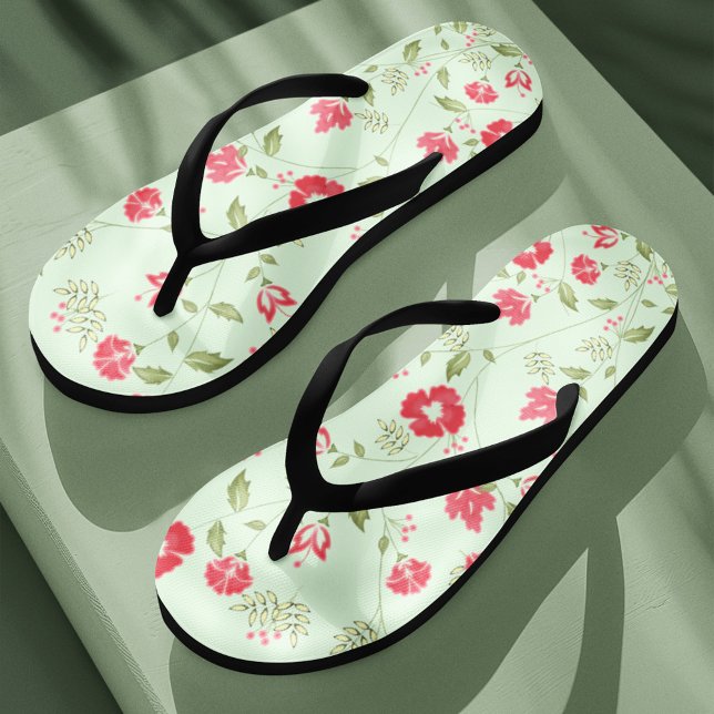 Green Botanical Floral Pattern Thongs (Flip flops summer sandals floral pattern.)