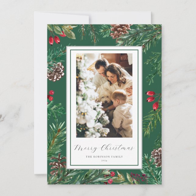 Green Botanical Frame Merry Christmas Holiday Card (Front)