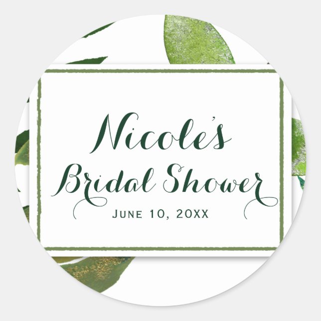 Green Botanical Glam Plant Leaves Elegant Wedding Classic Round Sticker (Front)