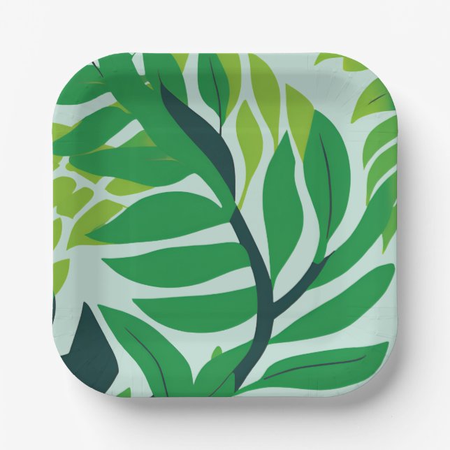 Green Botanical Leaves Paper Plate (Front)