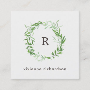 Green Botanical Leaves Wreath and Monogram Square Business Card