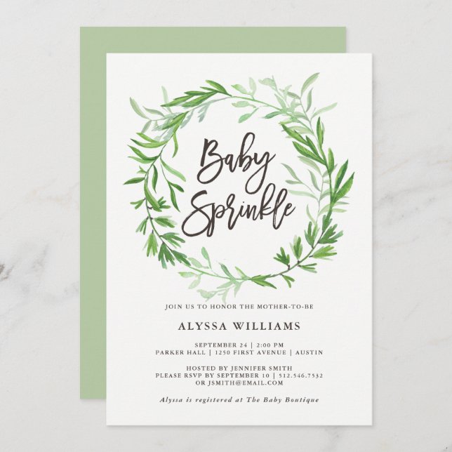 Green Botanical Leaves Wreath Baby Sprinkle Invitation (Front/Back)