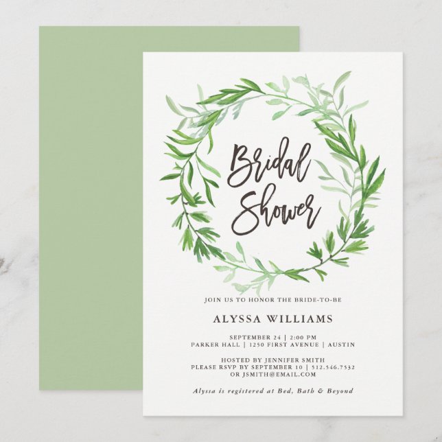Green Botanical Leaves Wreath Bridal Shower Invitation (Front/Back)
