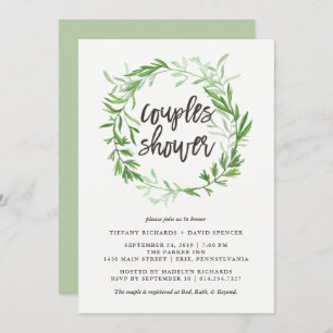 Green Botanical Leaves Wreath Couples Shower Invitation