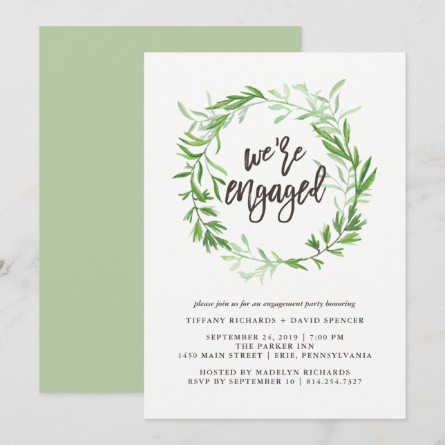 Green Botanical Leaves Wreath Engagement Party Invitation (Front/Back)