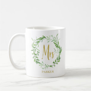 Green Botanical Leaves Wreath   Faux Gold Mrs Coffee Mug