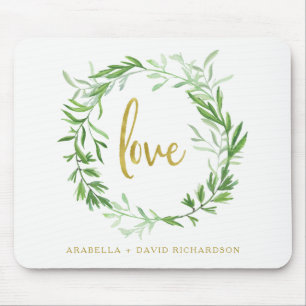 Green Botanical Leaves Wreath Love Mouse Pad