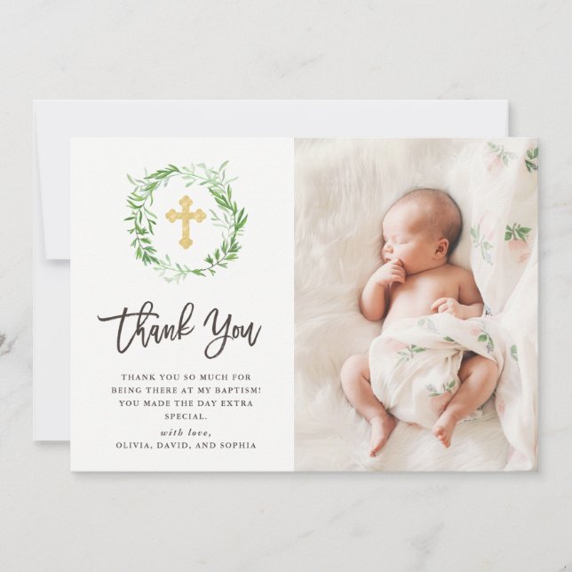 Green Botanical Leaves Wreath | Photo Baptism Thank You Card (Front)
