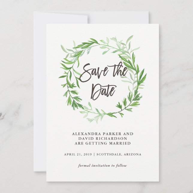Green Botanical Leaves Wreath Save the Date (Front)