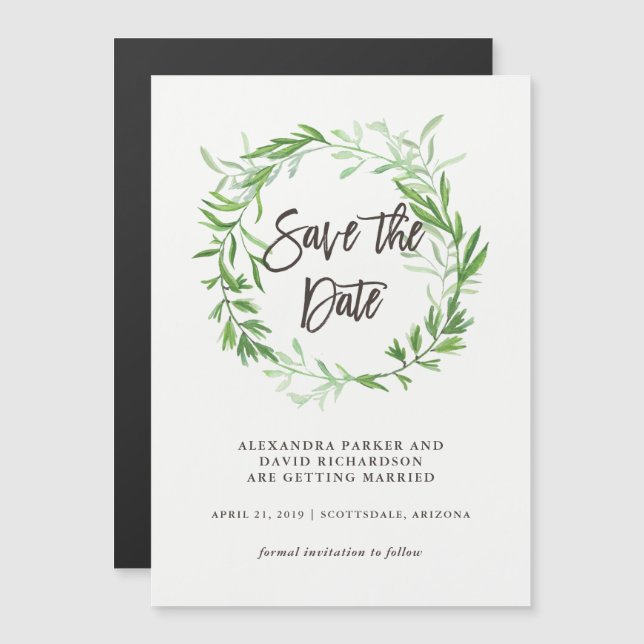 Green Botanical Leaves Wreath Save the Date Magnetic Invitation (Front/Back)
