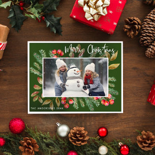 Green Botanical Merry Christmas Photo  Holiday Card