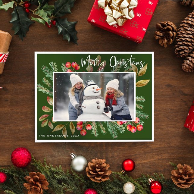 Green Botanical Merry Christmas Photo  Holiday Postcard (Creator Uploaded)