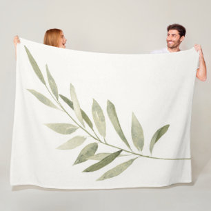 Green Botanical Modern Boho Sage Watercolor Leaves Fleece Blanket