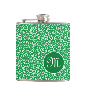 Green Botanical Spiral Vine Karakusa Pattern Hip Flask