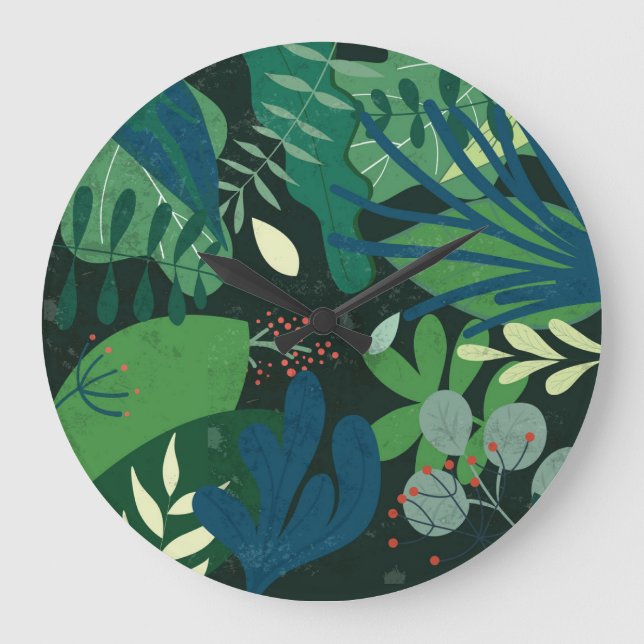 Green Botanical: Tropical Leaves Illustration Large Clock (Front)