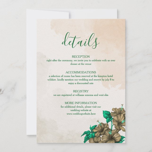 Green Botanical Wedding Details Card (Front)