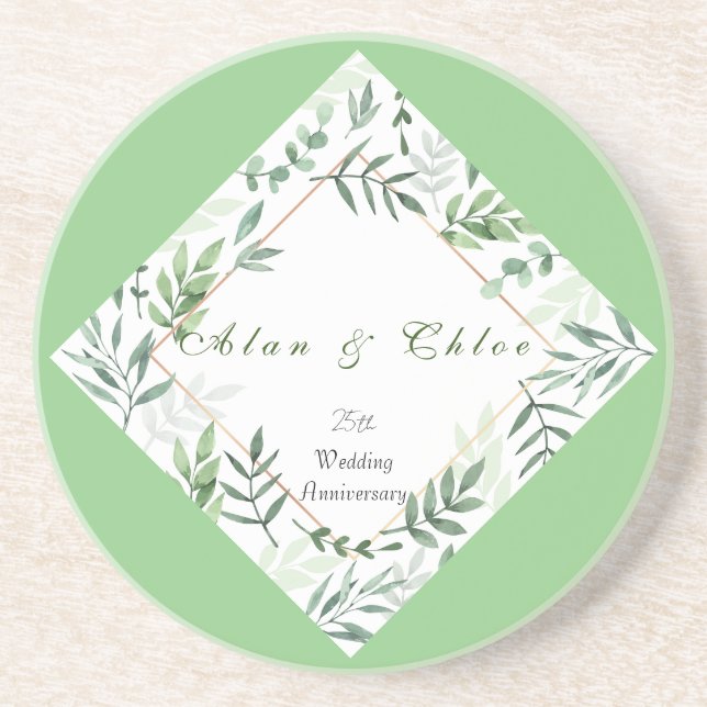  Green Botanical Wedding Sandstone Coaster (Front)