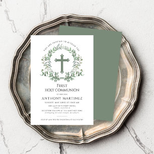 Green Botanical Wreath Boy's First Holy Communion Invitation
