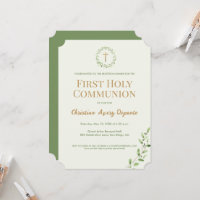 Green Botanical Wreath gold cross First communion 