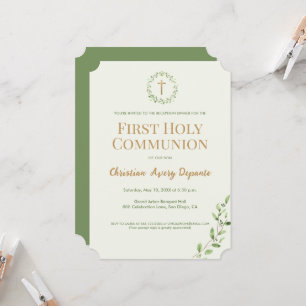 Green Botanical Wreath gold cross First communion Invitation