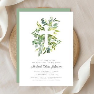 Green Botanicals Cross Religious First Communion Invitation
