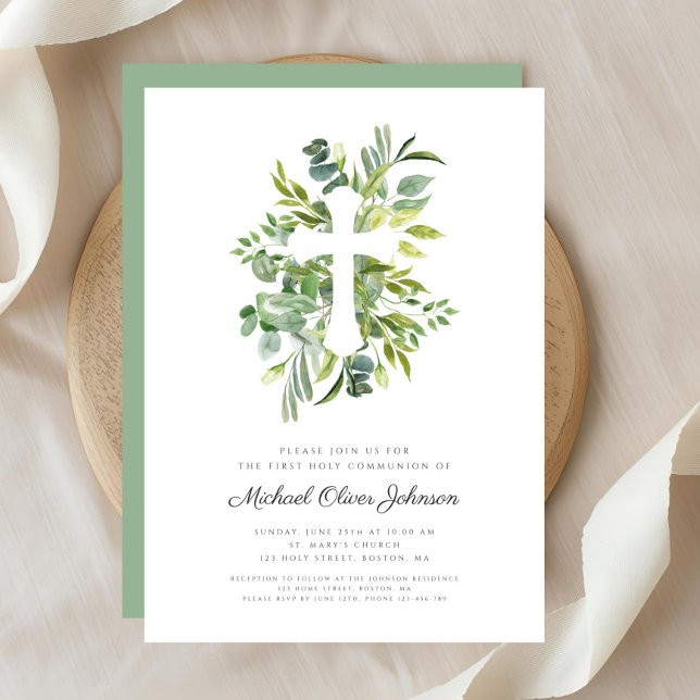 Green Botanicals Cross Religious First Communion Invitation (Green Botanicals Cross Religious First Communion Invitation)