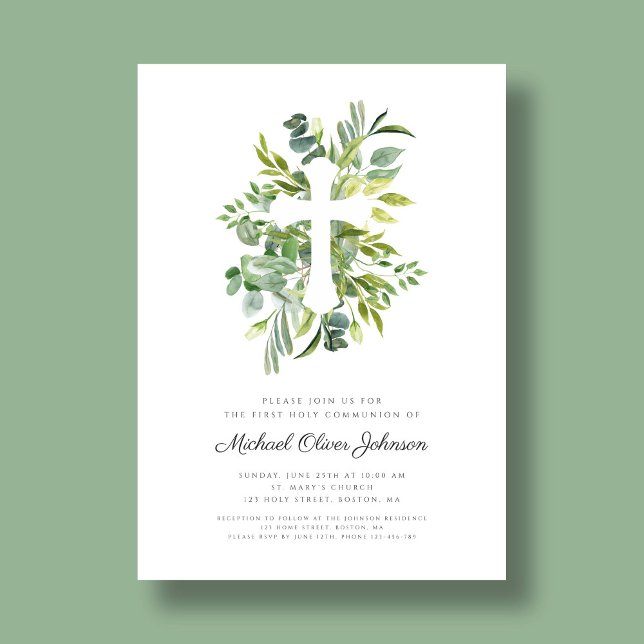 Green Botanicals Cross Religious First Communion Invitation (Green Botanicals Cross Religious First Communion Invitation)