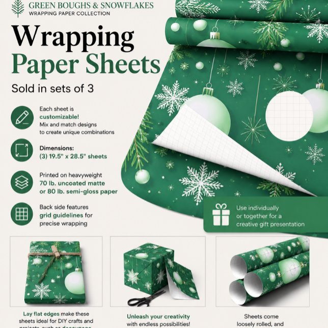 Green Boughs and Snowflakes Wrapping Paper Sheet (Creator Uploaded)