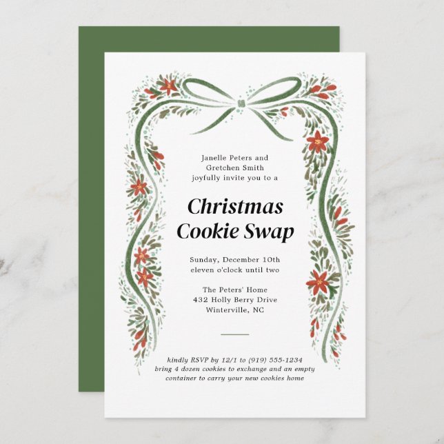Green Bow and Poinsettias Christmas Holiday Invitation (Front/Back)