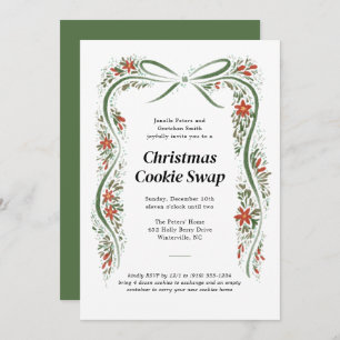 Green Bow and Poinsettias Christmas Holiday Invitation