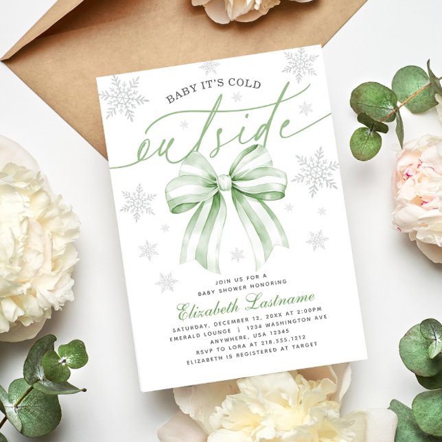 Green Bow Baby Its Cold Outside Winter Baby Shower Invitation (Baby Its Cold Outside Coquette Green Bow Birthday Invitation
#winterbabyshower
#genderneutralshower)