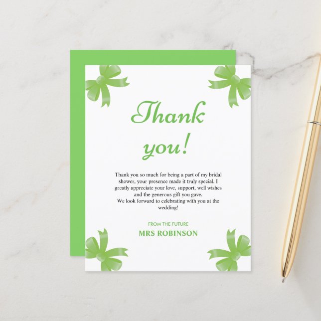 Green Bow Bridal Shower Thank You Card (Front/Back In Situ)