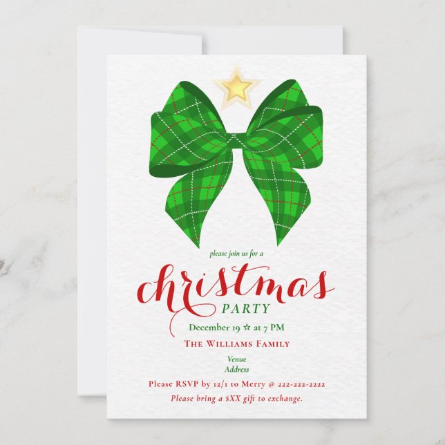 Green Bow Christmas Friendsmas Xmas Work Cocktail Invitation (Front)