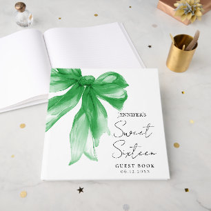 Green Bow Coquette Script Sweet 16 Party Guest Book