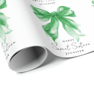 Green Bow Coquette Script Sweet 16 Party  Wrapping Paper