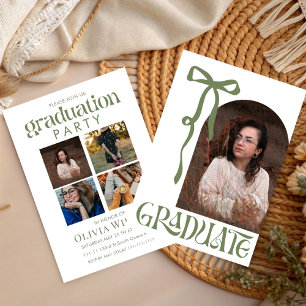 Green Bow Design Graduation with Photos Invitation